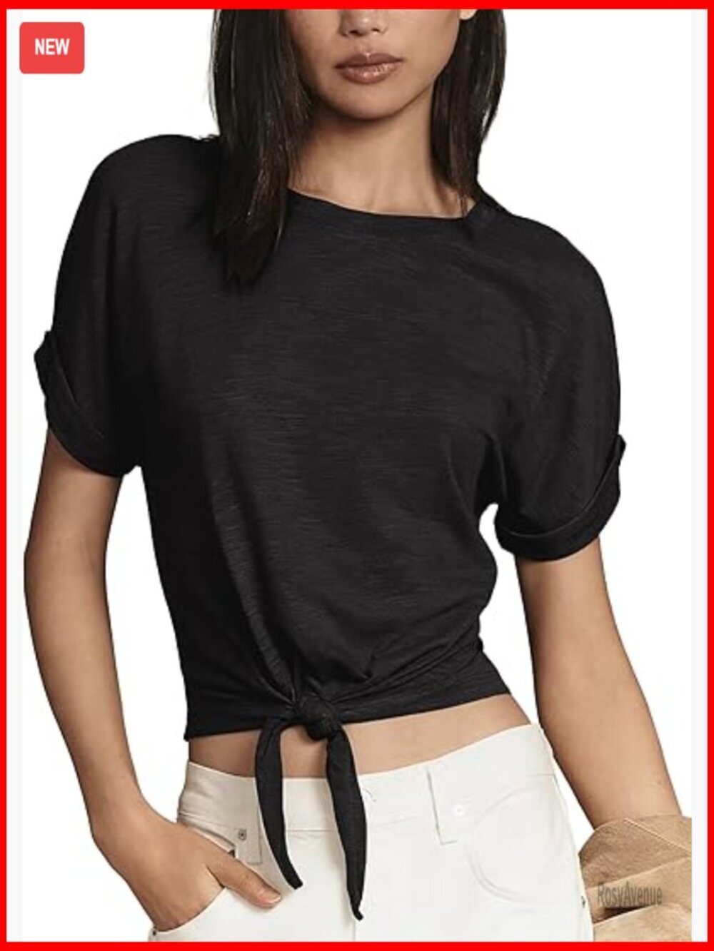Tie Knot Front Short Sleeve Top Crewneck Loose Fit Blouse Soft Lightweight